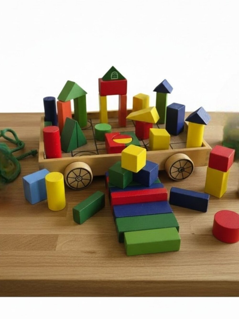 Wooden Pull Toy Cart with 44 Colorful Geometric Building Blocks Set